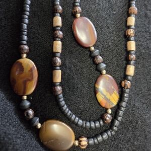 Elegant Multi-Stone 30inch Wrap Necklace with Black and Brown Stone Beads